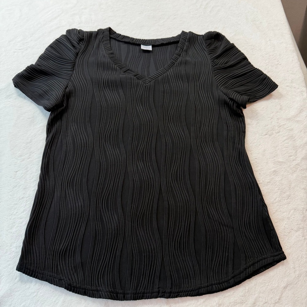 Xieerduo Pleated V-Neck Blouse Womens Large Black Good Puff Sleeve Textured Top
